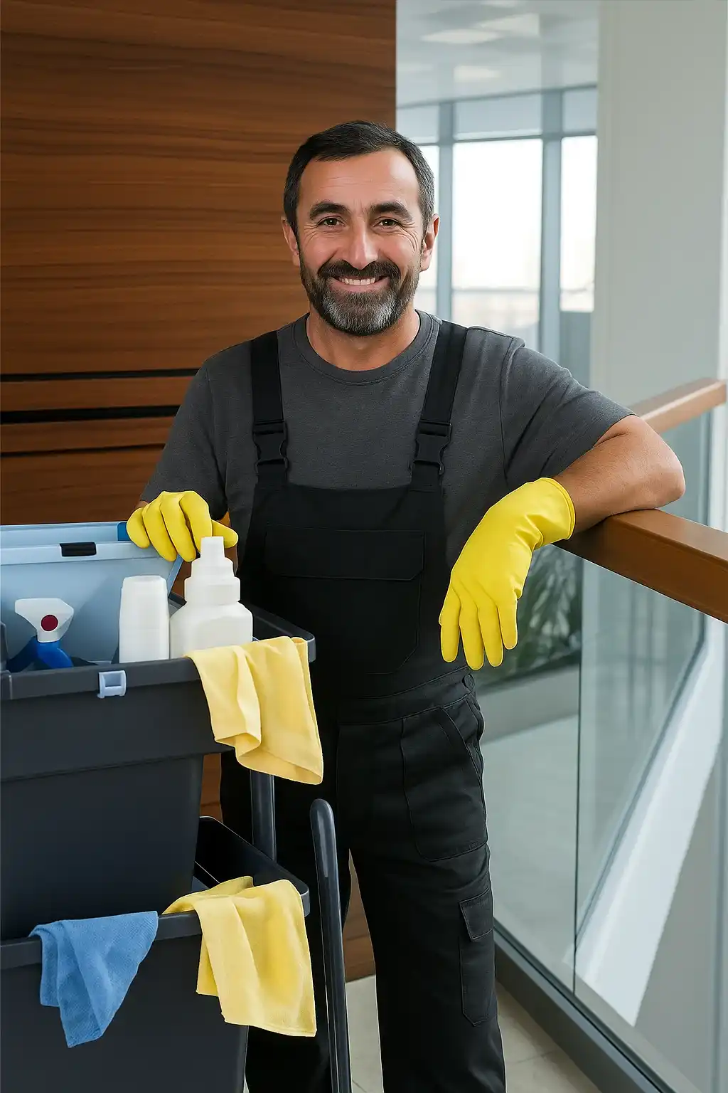 Gérant souriant appuyé sur son chariot de nettoyage avec produits.