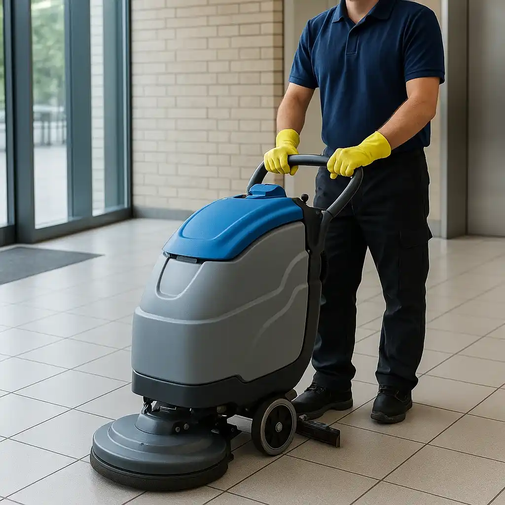 Agent de nettoyage utilisant une autolaveuse dans un hall d’immeuble moderne.