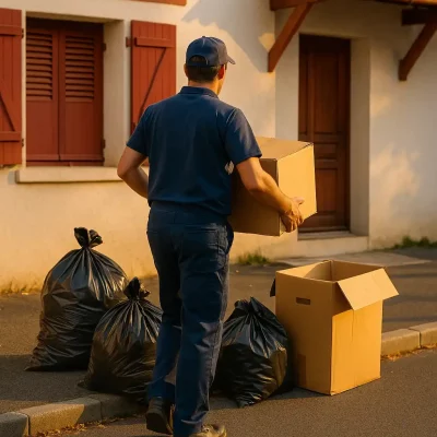 Agent sortant sacs poubelles et cartons devant un immeuble basque.