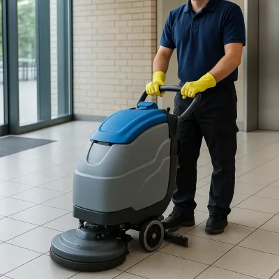 Agent de nettoyage utilisant une autolaveuse dans un hall d’immeuble moderne.