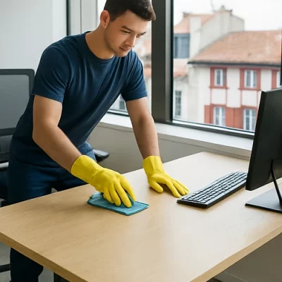 Agent de propreté nettoyant un bureau avec ordinateur