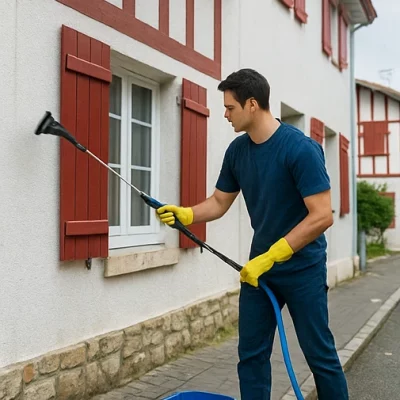 Agent de propreté nettoyant une façade basque au jet haute pression