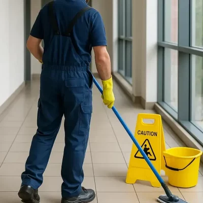 Agent de propreté lavant le sol à la serpillière dans un couloir carrelé