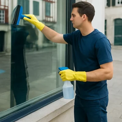 Agent de nettoyage lavant des vitres urbaines avec spray et raclette
