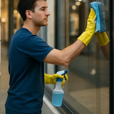 Agent nettoyant une vitrine extérieure avec spray et chiffon